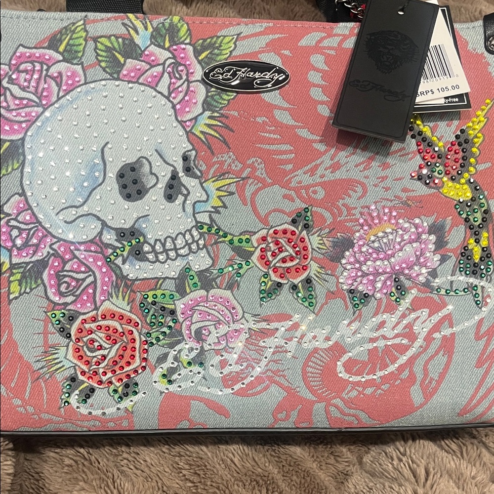 Ed Hardy Pink and Gray Skull Handbag$105